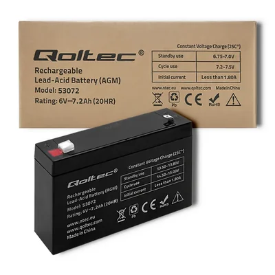 Batería Qoltec AGM | 6V | 7.2Ah | Sin mantenimiento | Eficiente | Larga duración | para juguetes y vehículos