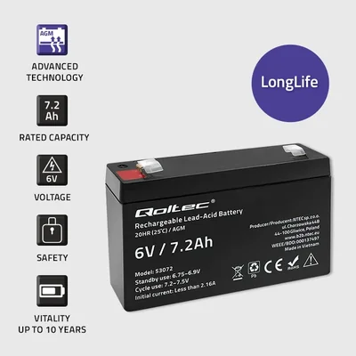 Batería Qoltec AGM | 6V | 7.2Ah | Sin mantenimiento | Eficiente | Larga duración | para juguetes y vehículos