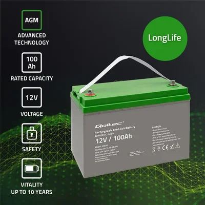 Baterie Qoltec AGM | 12V | 100Ah | 28,1kg | Bezúdržbová | Výkonná | Dlouhá životnost | pro UPS, karavan, loď, pec