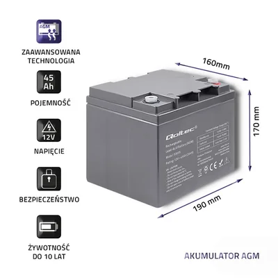 Baterie Qoltec AGM | 12V | 45Ah | Bezúdržbová | Výkonná | Dlouhá životnost | pro UPS, karavan, loď, pec