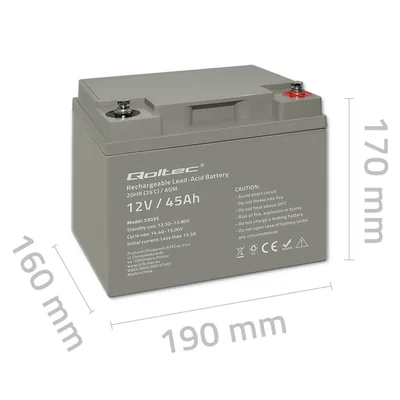 Baterie Qoltec AGM | 12V | 45Ah | Bezúdržbová | Výkonná | Dlouhá životnost | pro UPS, karavan, loď, pec