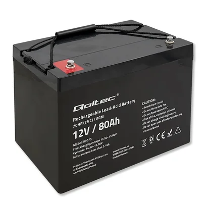 Baterie Qoltec AGM | 12V | 80Ah | 23,5kg | Bezúdržbová | Výkonná | Dlouhá životnost | pro UPS, karavan, loď, pec