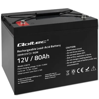 Baterie Qoltec AGM | 12V | 80Ah | 23,5kg | Bezúdržbová | Výkonná | Dlouhá životnost | pro UPS, karavan, loď, pec
