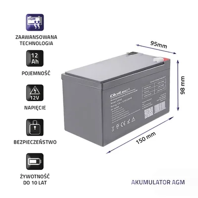 Batteria Qoltec AGM | 12V | 12Ah | Senza manutenzione | Efficiente | Lunga durata | per UPS, sistemi di sicurezza