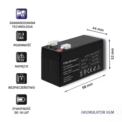 Batteria Qoltec AGM | 12V | 1.3Ah | Senza manutenzione | Efficiente | Lunga durata | per UPS, bilance, registratori di cassa