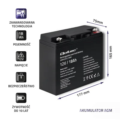 Batteria Qoltec AGM | 12V | 18Ah | Senza manutenzione | Efficiente | Lunga durata | per UPS, scooter