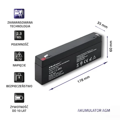 Batteria Qoltec AGM | 12V | 2.3Ah | Senza manutenzione | Efficiente | Lunga durata | per UPS, bilance, registratori di cassa