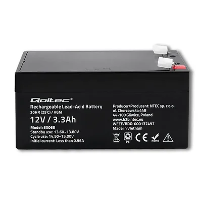 Batteria Qoltec AGM | 12V | 3.3Ah | Senza manutenzione | Efficiente | Lunga durata | per UPS, bilance, registratori di cassa