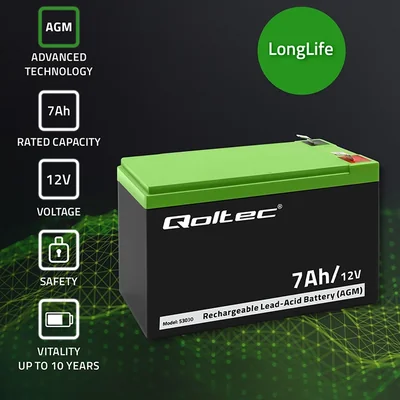 Batteria Qoltec AGM | 12V | 7Ah | Senza manutenzione | Efficiente | Lunga durata | per UPS, sistemi di sicurezza