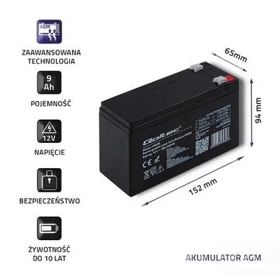 Batteria Qoltec AGM | 12V | 9Ah | Senza manutenzione | Efficiente | Lunga durata | per UPS, sistemi di sicurezza