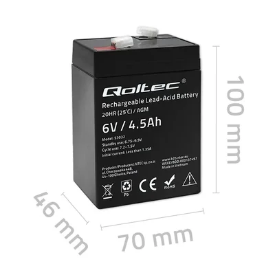 Batteria Qoltec AGM | 6V | 4,5Ah | Senza manutenzione | Efficiente | Lunga durata | per UPS, bilance, registratori di cassa