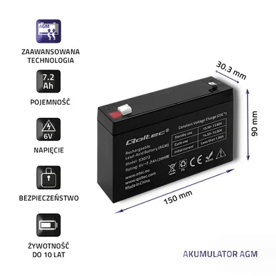Batteria Qoltec AGM | 6V | 7,2Ah | Senza manutenzione | Efficiente | Lunga durata | per giocattoli e veicoli