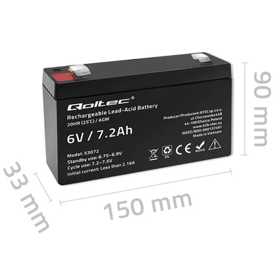 Batteria Qoltec AGM | 6V | 7,2Ah | Senza manutenzione | Efficiente | Lunga durata | per giocattoli e veicoli