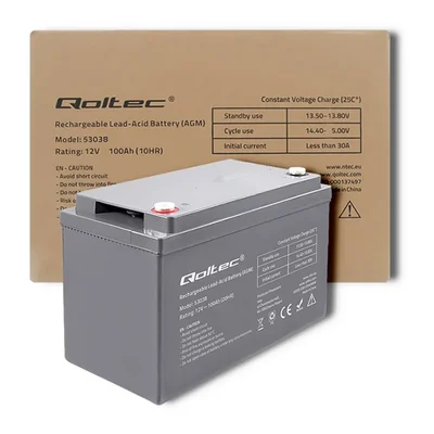 Batterie Qoltec AGM | 12 V | 100 Ah | 28,1 kg | Sans entretien | Puissante | Longue durée de vie | Pour onduleur, camping-car, bateau, chauffage