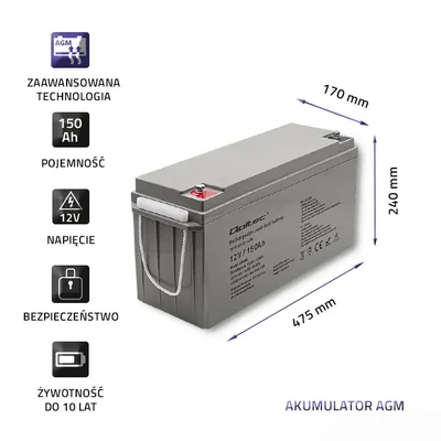 Batterie Qoltec AGM | 12 V | 150 Ah | 40,1 kg | Sans entretien | Puissante | Longue durée de vie | Pour onduleur, camping-car, bateau, chauffage