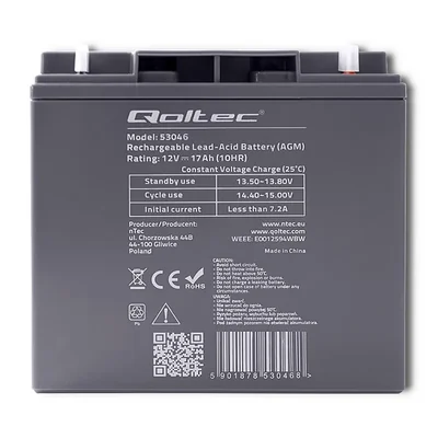 Batterie Qoltec AGM | 12 V | 17 Ah | Sans entretien | Performante | Longue durée de vie | Pour onduleur, scooter