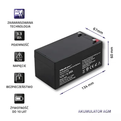 Batterie Qoltec AGM | 12 V | 3,3 Ah | Sans entretien | Efficace | Longue durée de vie | Pour onduleurs, balances, caisses enregistreuses