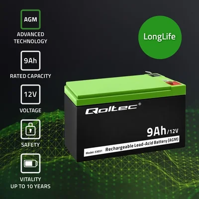 Batterie Qoltec AGM | 12 V | 9 Ah | Sans entretien | Performante | Longue durée de vie | Pour onduleurs et systèmes de sécurité