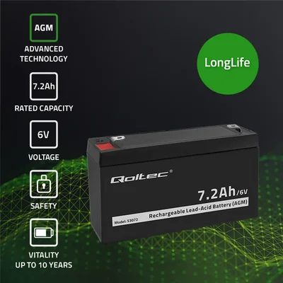 Batterie Qoltec AGM | 6 V | 7,2 Ah | Sans entretien | Performante | Longue durée de vie | Pour jouets et véhicules