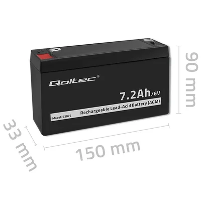 Batterie Qoltec AGM | 6 V | 7,2 Ah | Sans entretien | Performante | Longue durée de vie | Pour jouets et véhicules