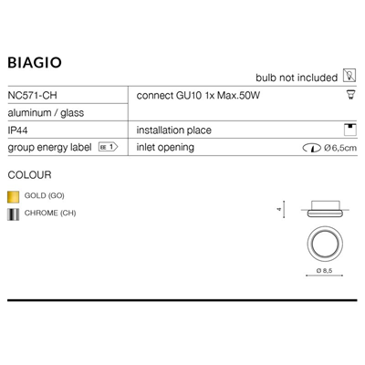 BIAGIO IP44 Lampada da soffitto ad incasso oro