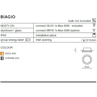 BIAGIO IP44 Lampada da soffitto ad incasso oro