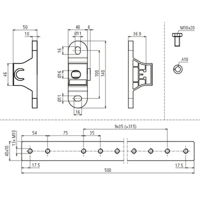 Binario di collegamento equipotenziale per zone Ex 1/21, 2/22, 11 connessioni ad occhiello PAS EX 11AP M10 V2A