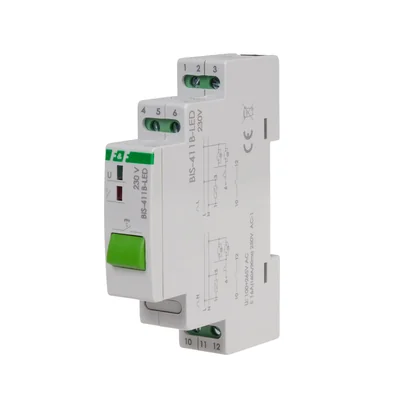 BIS-411B-LED bistable relay with manual control button, for DIN rail, with inrush relay 160A/20ms