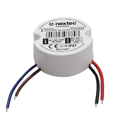 Bloc d'alimentation rond encastrable 50mm 12V 2,5A 30W IP67