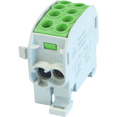 Blok rozdzielczy 1-potencjałowy łączony 125A wejście 2x35mm2 wyjście 2x25mm2 zielony
