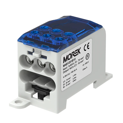 Blok rozdzielczy CU 1-potencjałowy 200A (Cu) 160A (AL) 70mm² TS-35 wejście 1x10-70 wyjście 6x2,5-16mm² niebieski