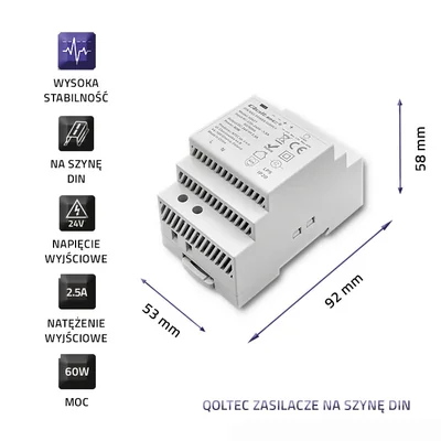 Блок живлення Qoltec для DIN-рейки | 60 Вт | 24 В | 2,5 A | Сірий