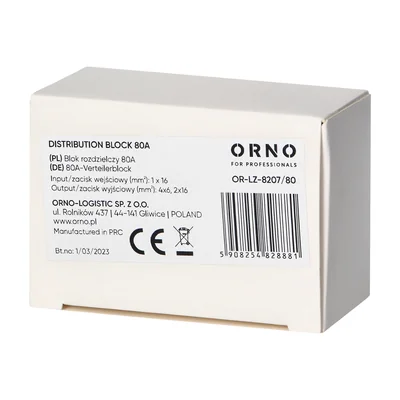 Bloque de distribución de 80 A, terminal de entrada de 16 mm², terminales de salida de 4 x 6 mm² y 2 x 16 mm², fácil montaje en carril DIN.