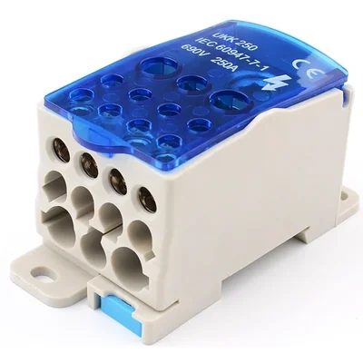 Bloque de distribución SPLIT, Al/Cu, 1x35-120mm2 / 2x6-35mm2, 5x2.5-16mm2, 4x2.5-10mm2, 250A, 1kV, blanco con solapa azul