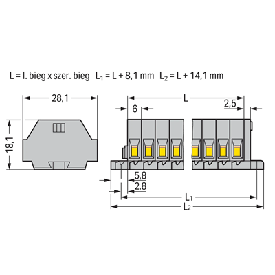 Bloque de terminales de 2 hilos de 2,5 mm², 2 vías, gris con montaje con tornillos