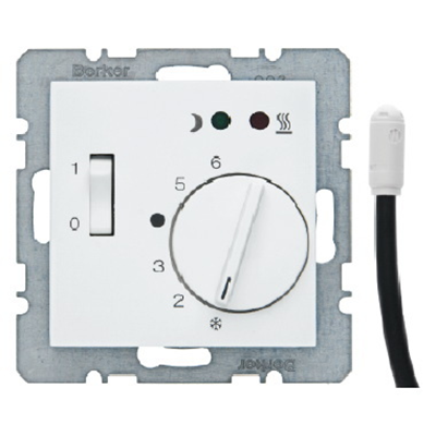 Bodentemperaturregler mit Schließerkontakt, Zentralelement und Stecker. Schneeweiß B. Quadratisch