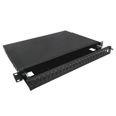 Boîtier de distribution télescopique à fibres optiques 24xSC duplex / 24xLC quad 19" 1U avec accessoires de montage (presse-étoupes, colliers) ALANTEC