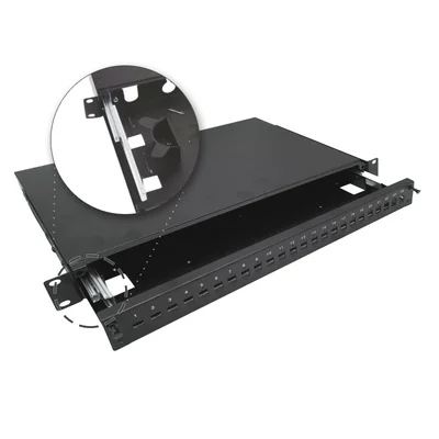 Boîtier de distribution télescopique à fibres optiques 24xSC simplex / 24xLC duplex 19" 1U avec accessoires de montage (presse-étoupes, colliers) ALANTEC