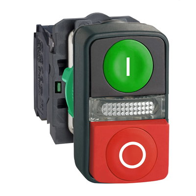 Botón LED doble verde/rojo de plástico de 24 V, E/S típica