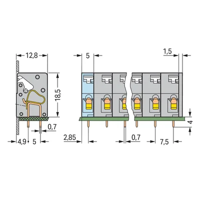 Botón pulsador para conector PCB de 2,5 mm² RM 7,5 mm, 5 pines, gris 741-305