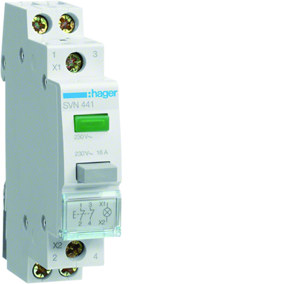 Bouton-poussoir 16A, 2R, avec voyant vert 230V AC