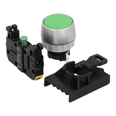 Bouton poussoir vert recouvert avec bague nickelée