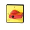 Bouton rouge avec étiquette jaune