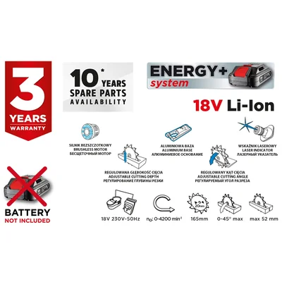 Brushless cordless circular saw Energy+ 18V, Li-Ion, 165 x 20mm blade, without battery