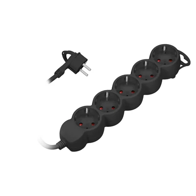 Cable alargador de 5 vías 2P+Z (Schuko), 3 m H05VV-F 3x1,5 mm², Imax=16 A, enchufe plano, negro