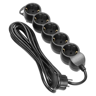Cable alargador de 5 vías 2P+Z (Schuko), 3 m H05VV-F 3x1,5 mm², Imax=16 A, enchufe plano, negro