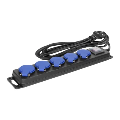 Cable alargador para taller, resistente a salpicaduras, con interruptor, 5 tomas 2P+Z, IP44, cable de goma, H05RR-F 3x1,5mm², longitud 5m
