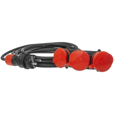 Cable de extensión para construcción PS-X3/54/10M/3X1.5/H05RR-F, 3 tomas; IP54; 16A; H05RR-F; 3x1.5; 10m; negro-rojo