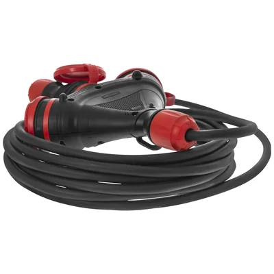 Cable de extensión PS-X3/54/20M/3X2.5/H05RR-F X3, cable de goma H05RR-F negro 3x2.5mm2, IP 54, enchufe y toma negros y rojos, cable negro