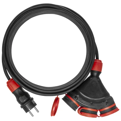 Cable de extensión PS-X3/54/30M/3X2.5/H05RR-F X3, cable de goma H05RR-F negro 3x2.5mm2, IP 54, enchufe y toma negros y rojos, cable negro